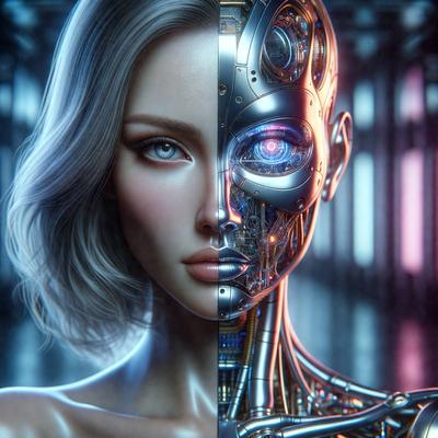 The primary subject of the image is a woman with blonde hair. She is depicted in two different styles: one as a human with a realistic appearance, and the other as a robot with a futuristic, mechanical look. The setting is a dark room, which adds to the overall mood of the image. The visual style is a combination of photo and digital art, creating a unique and intriguing scene. The colors in the image are predominantly dark, with the woman's blonde hair standing out as the